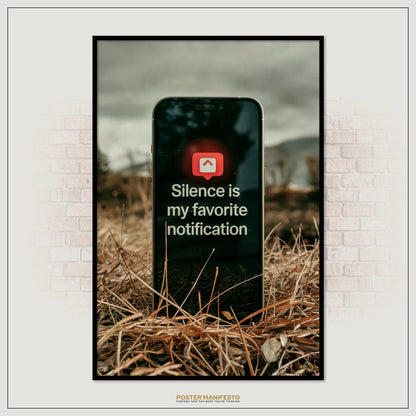 Striking artwork of a phone in a grassy field, screen lit with a bold mindfulness quote about valuing quiet over digital noise.