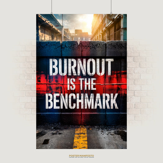 Urban street wall with bold white text reading “Burnout Is The Benchmark” over red and blue graffiti strokes on cracked concrete.