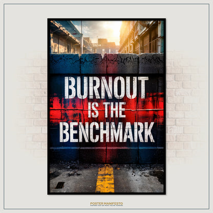 Poster with 'Burnout is the Benchmark' text on a urban background