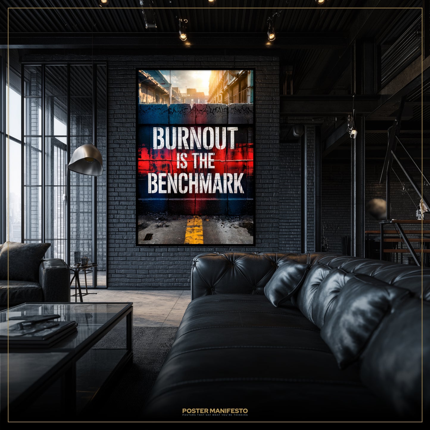 Modern living room with a motivational poster on the wall.