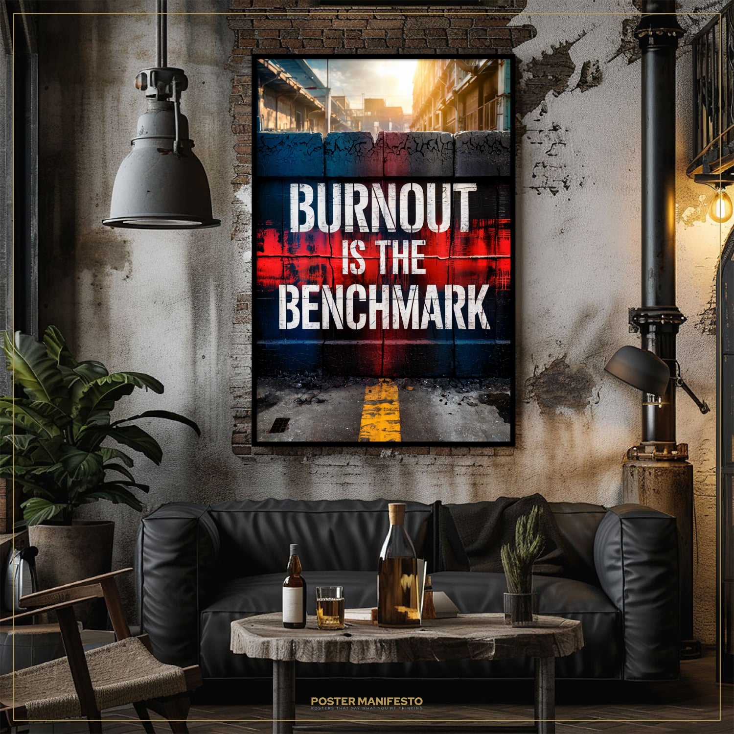 Living room with a 'Burnout is the Benchmark' poster on the wall, a black sofa, and a coffee table with drinks.