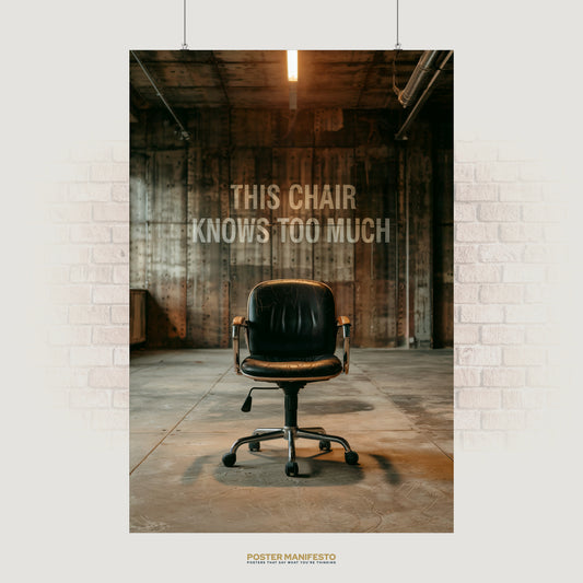 Conceptual poster showing a worn black office chair in an empty industrial warehouse with the phrase “This Chair Knows Too Much.”
