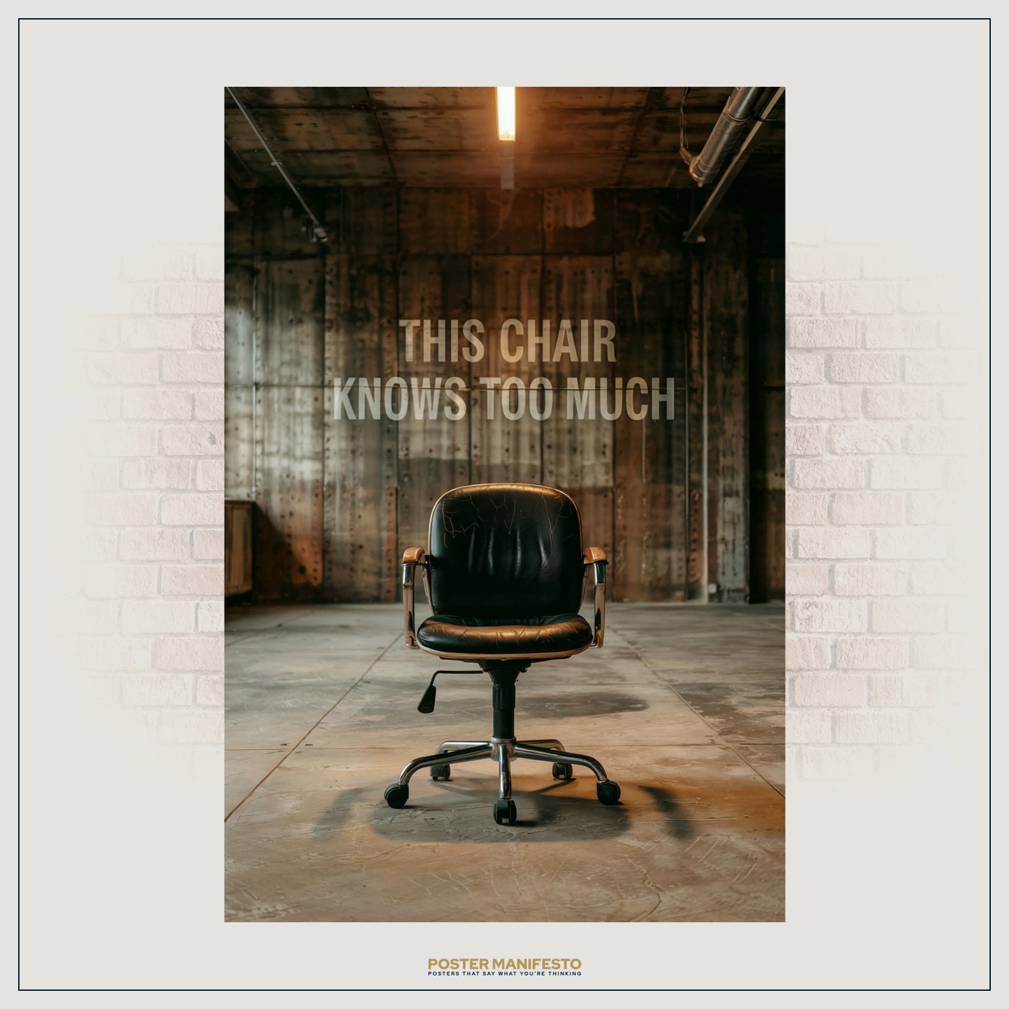 Atmospheric industrial wall art featuring a solitary chair under moody lighting with bold typography.