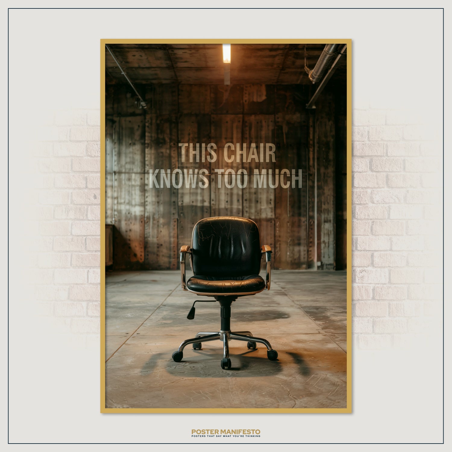 Modern conceptual print of a vintage office chair in a cinematic empty warehouse, paired with witty text.