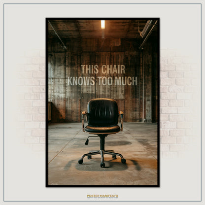 Poster with a black office chair in a room with wooden walls and the text 'THIS CHAIR KNOWS TOO MUCH'.