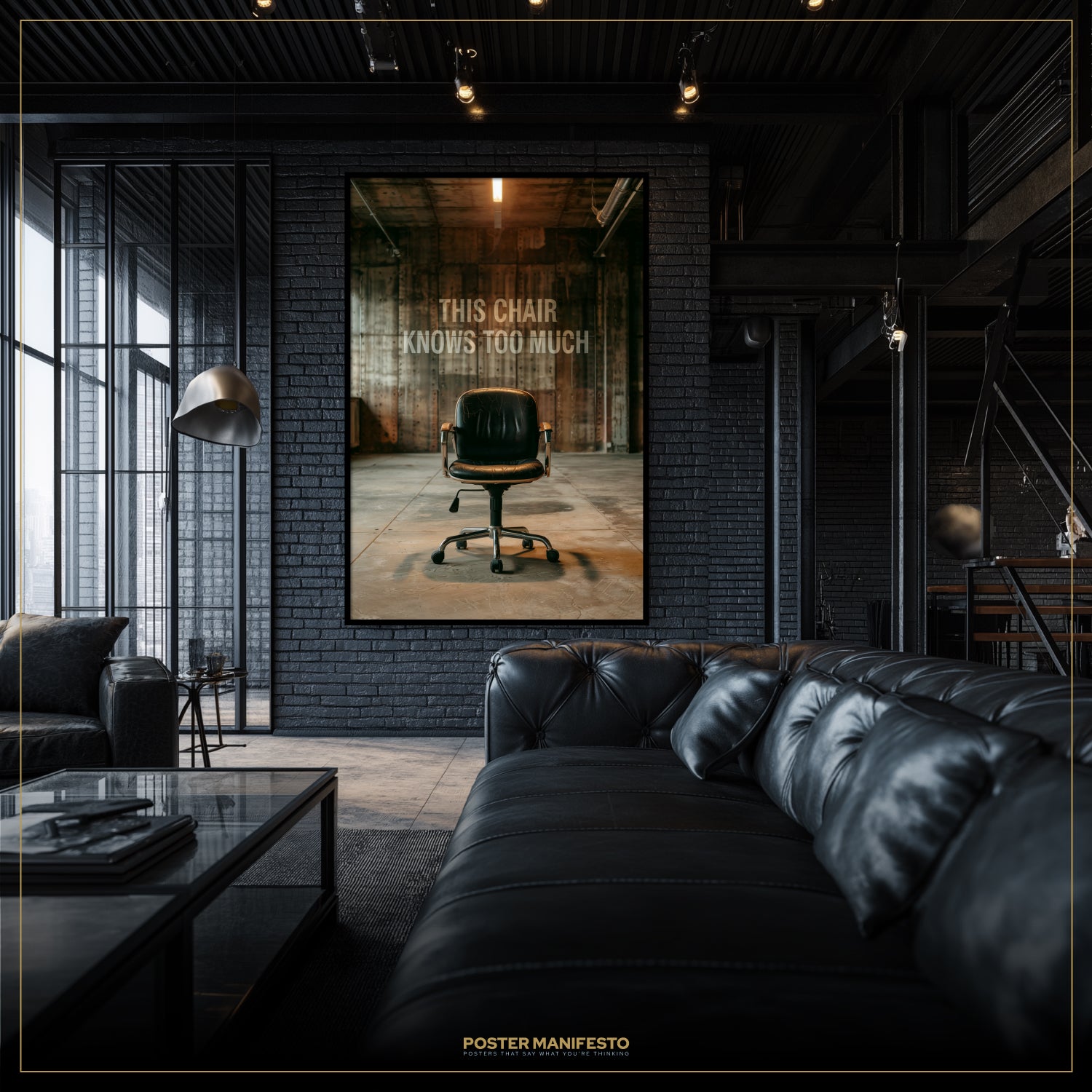 Modern living room with a black leather sofa and a framed poster on the wall.