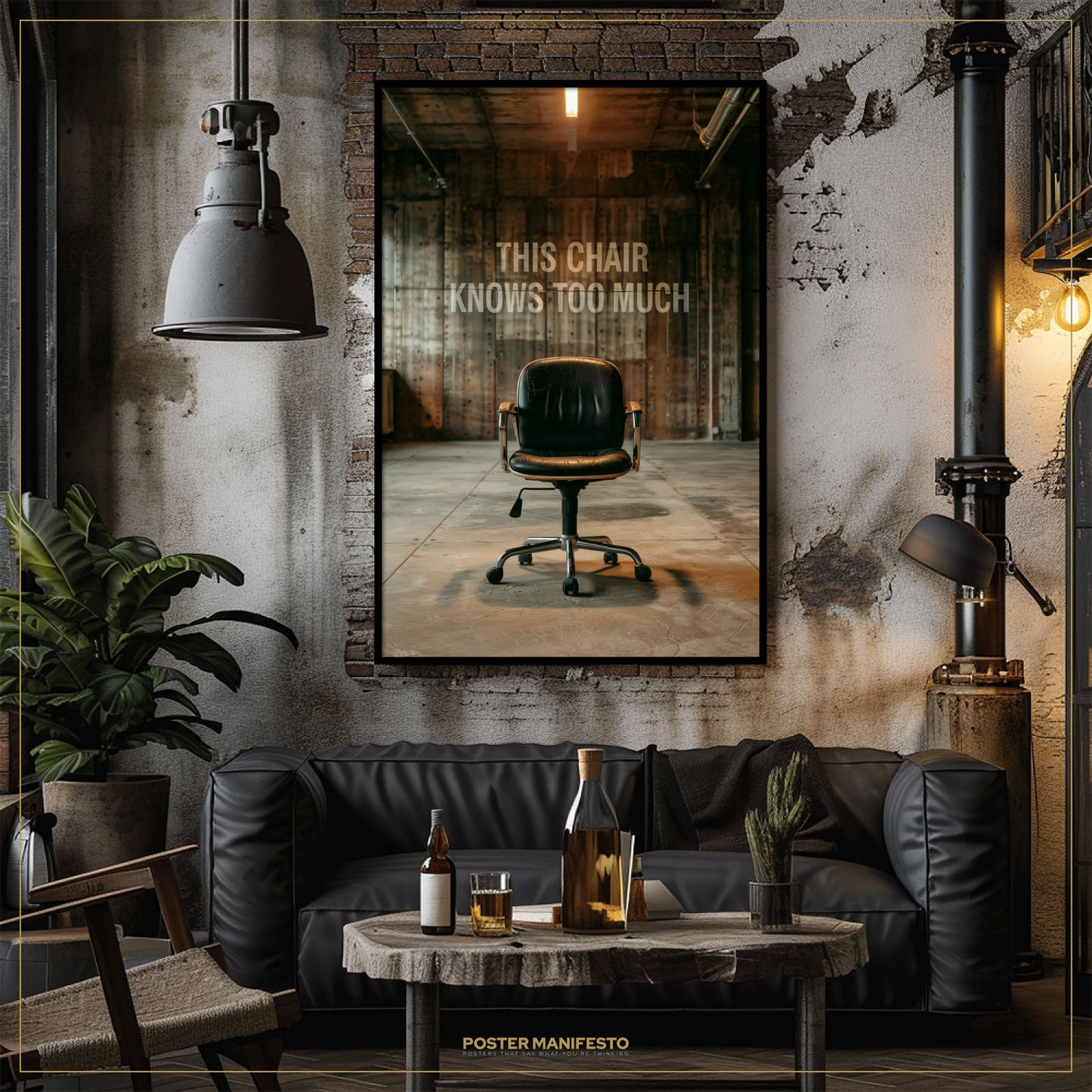 Modern living room with black leather sofa, wooden coffee table, and framed poster on wall.