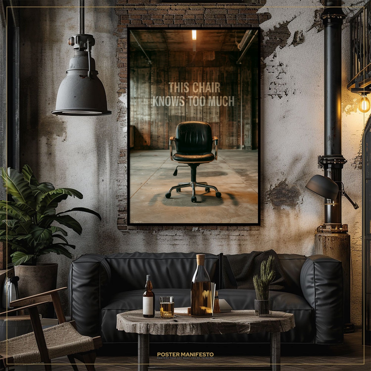 Modern living room with black leather sofa, wooden coffee table, and framed poster on wall.