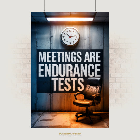 Industrial-style poster with bold white text reading “Meetings Are Endurance Tests” beneath a clock and above a black leather office chair.
