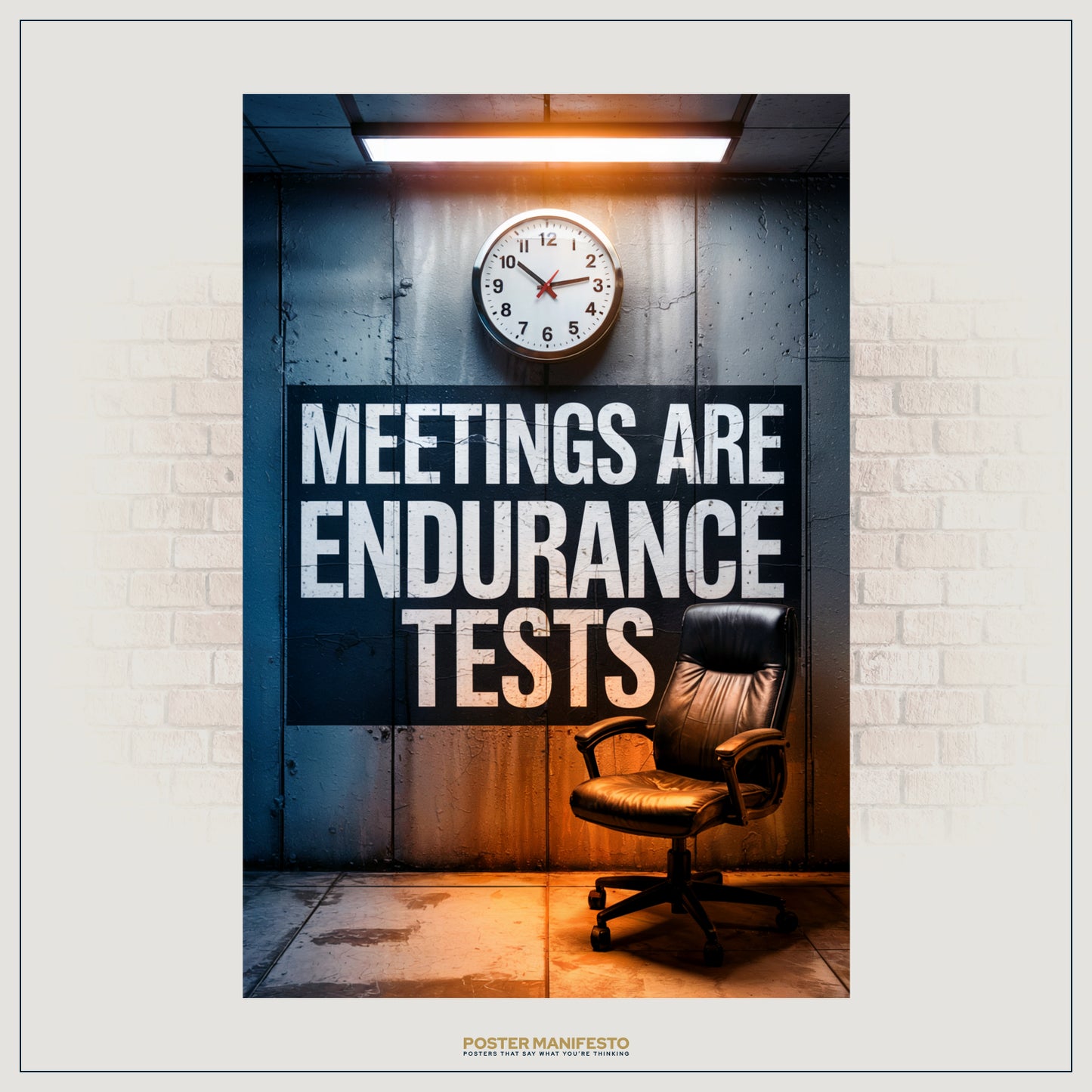 Modern office wall art featuring a large bold quote about meetings with an overhead clock.
