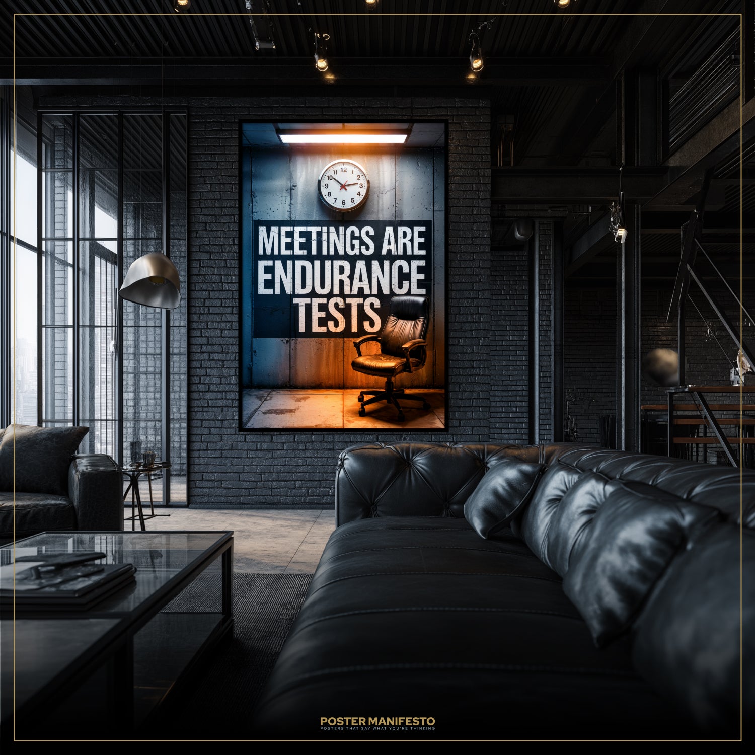 Modern living room with a motivational poster on the wall.