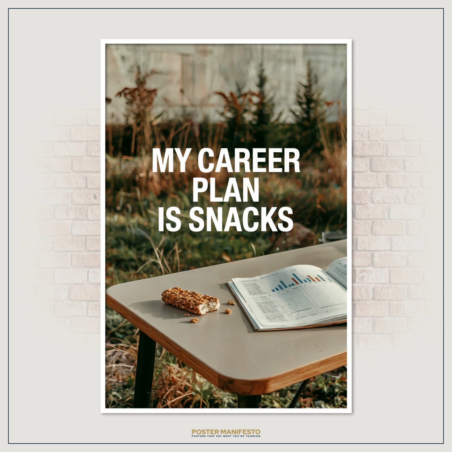 Humorous workplace poster with snack-themed message and open report book.