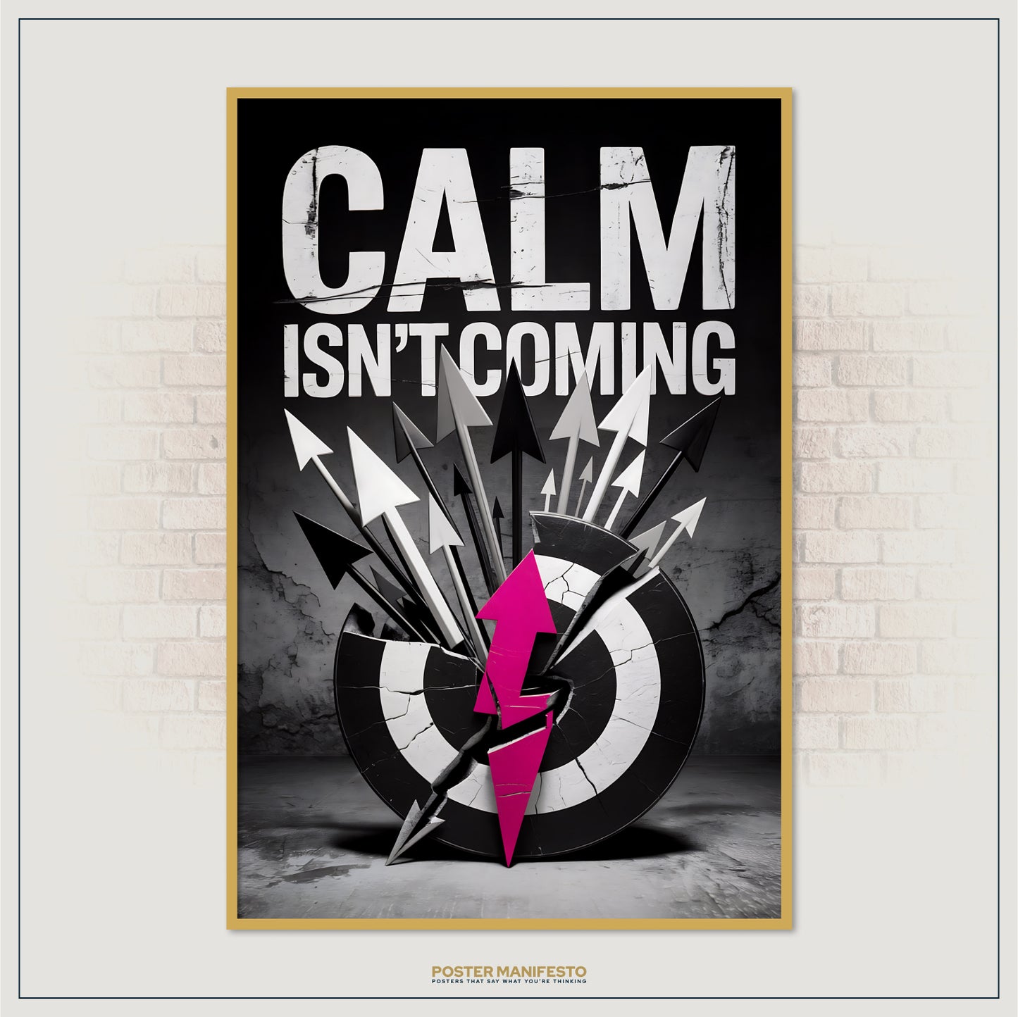 Anti-motivation poster with black-and-white target, cracked surface, and vivid pink arrows