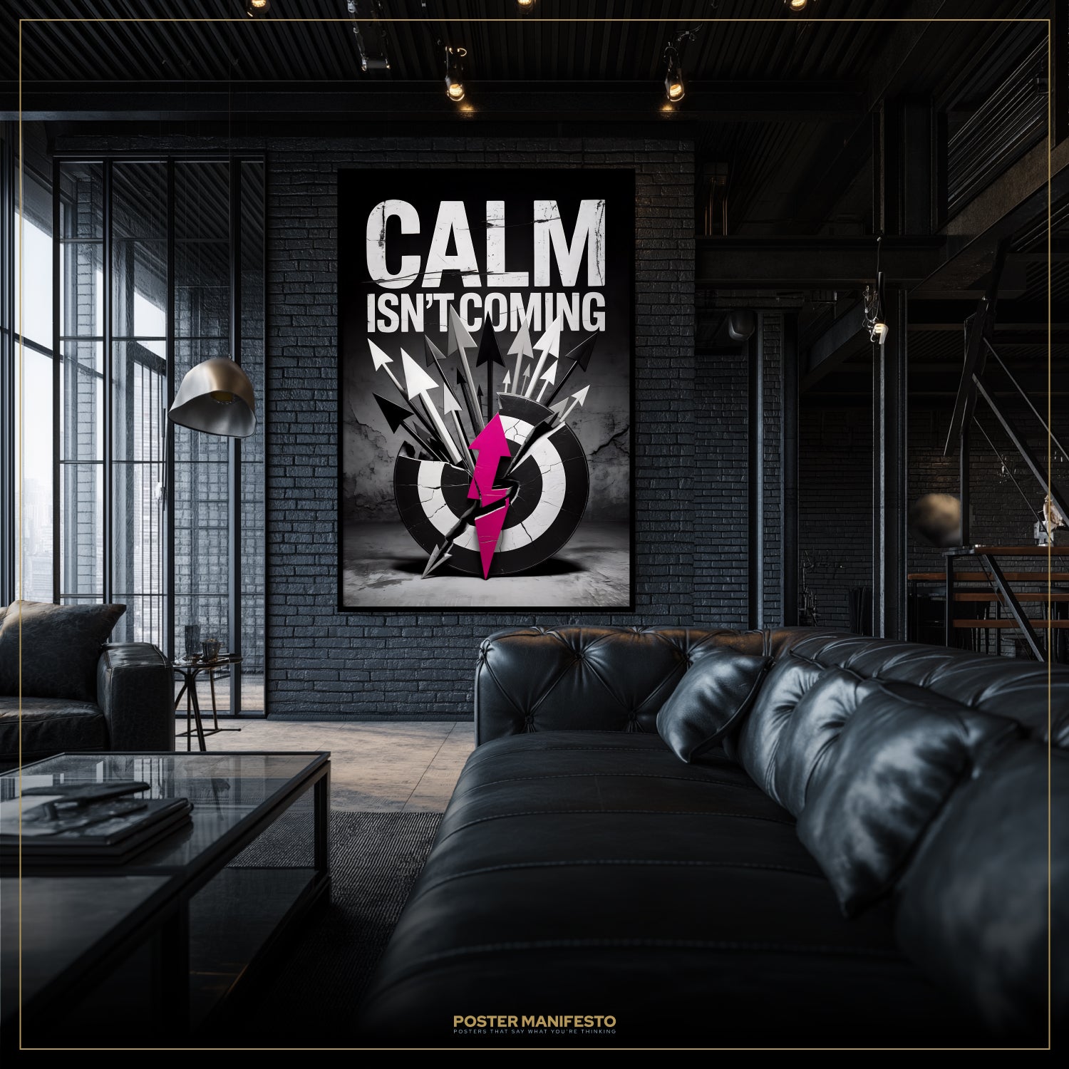 Modern living room with a 'Calm Isn't Coming' poster on the wall.