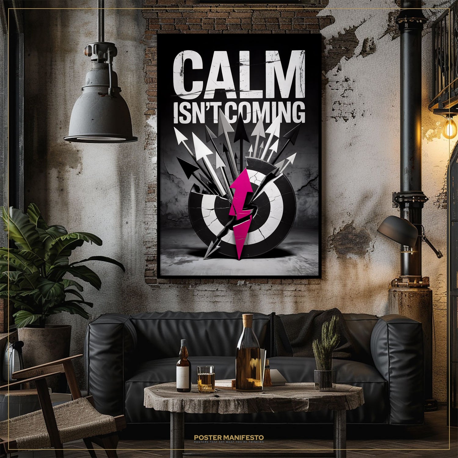 Living room with a 'CALM ISN'T COMING' poster on the wall, a black sofa, and a small table with bottles and glasses.