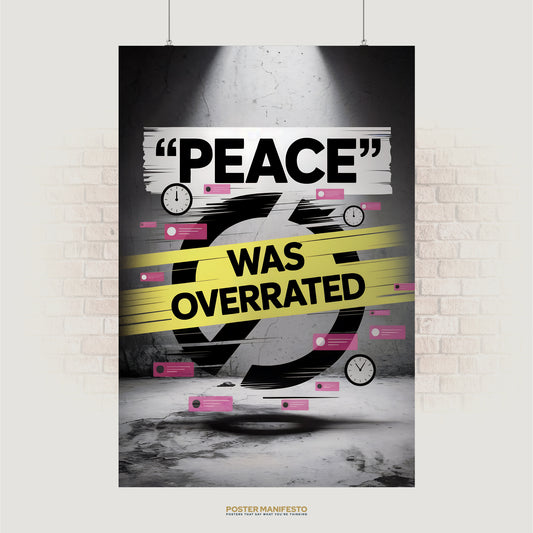 Bold poster reading “Peace Was Overrated” with yellow streaks, clocks, and pink message icons