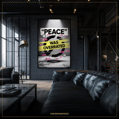 Modern living room with a black leather sofa and a framed poster on the wall.