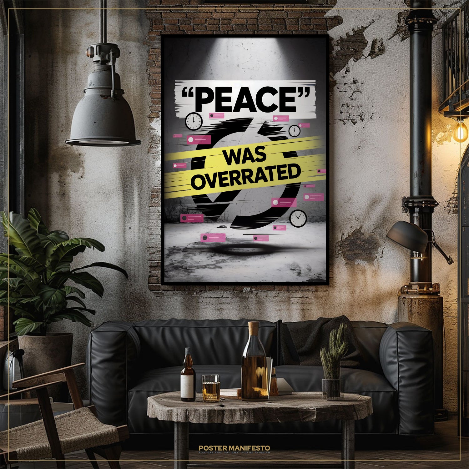 Living room with a black sofa, wooden coffee table, and 'Peace Was Overrated' poster on the wall.