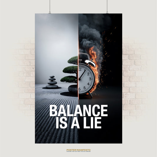 Poster reading “Balance Is a Lie” with half zen garden and half burning clock