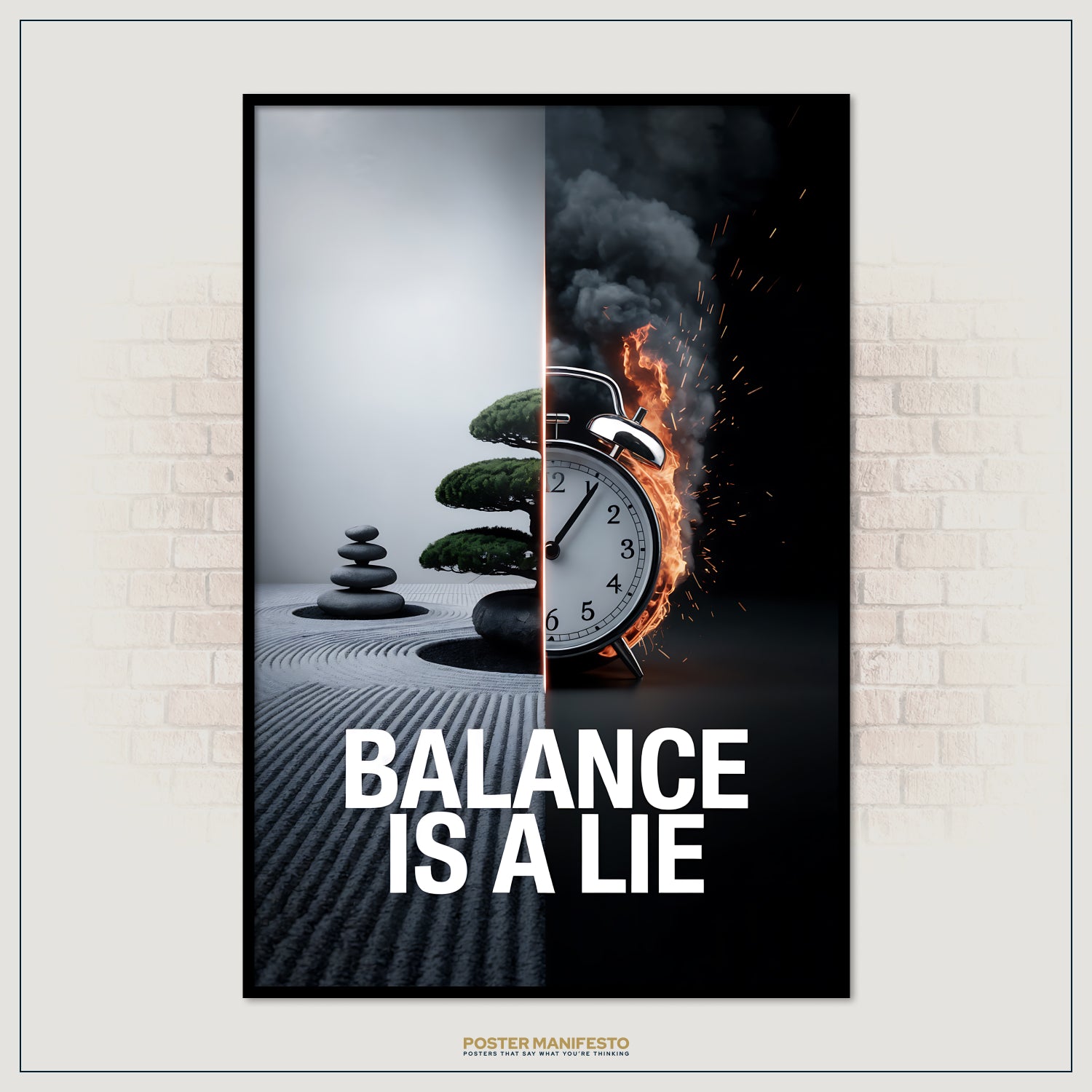 Poster with a split design featuring a serene landscape and a fiery clock, with 'Balance is a Lie' text.