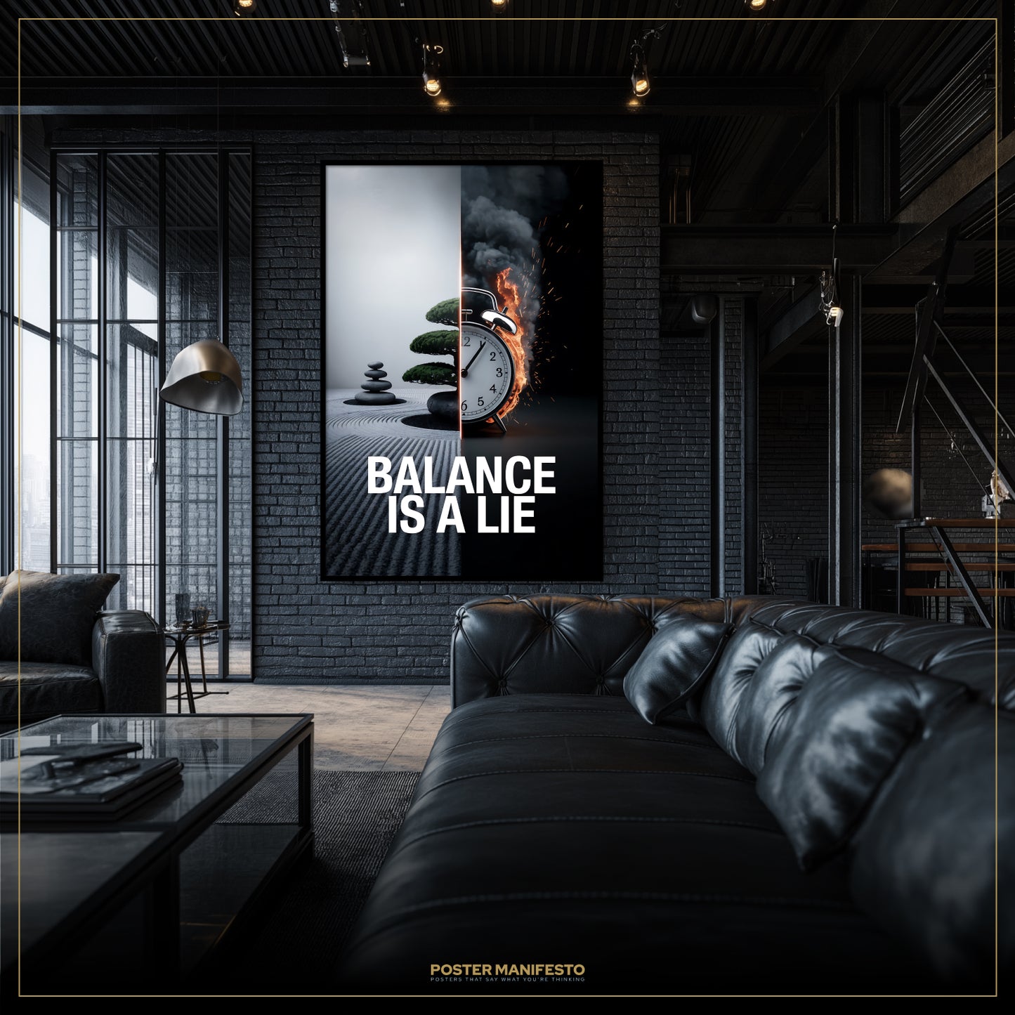 Modern living room with a large framed poster on the wall displaying 'Balance is a Lie'.