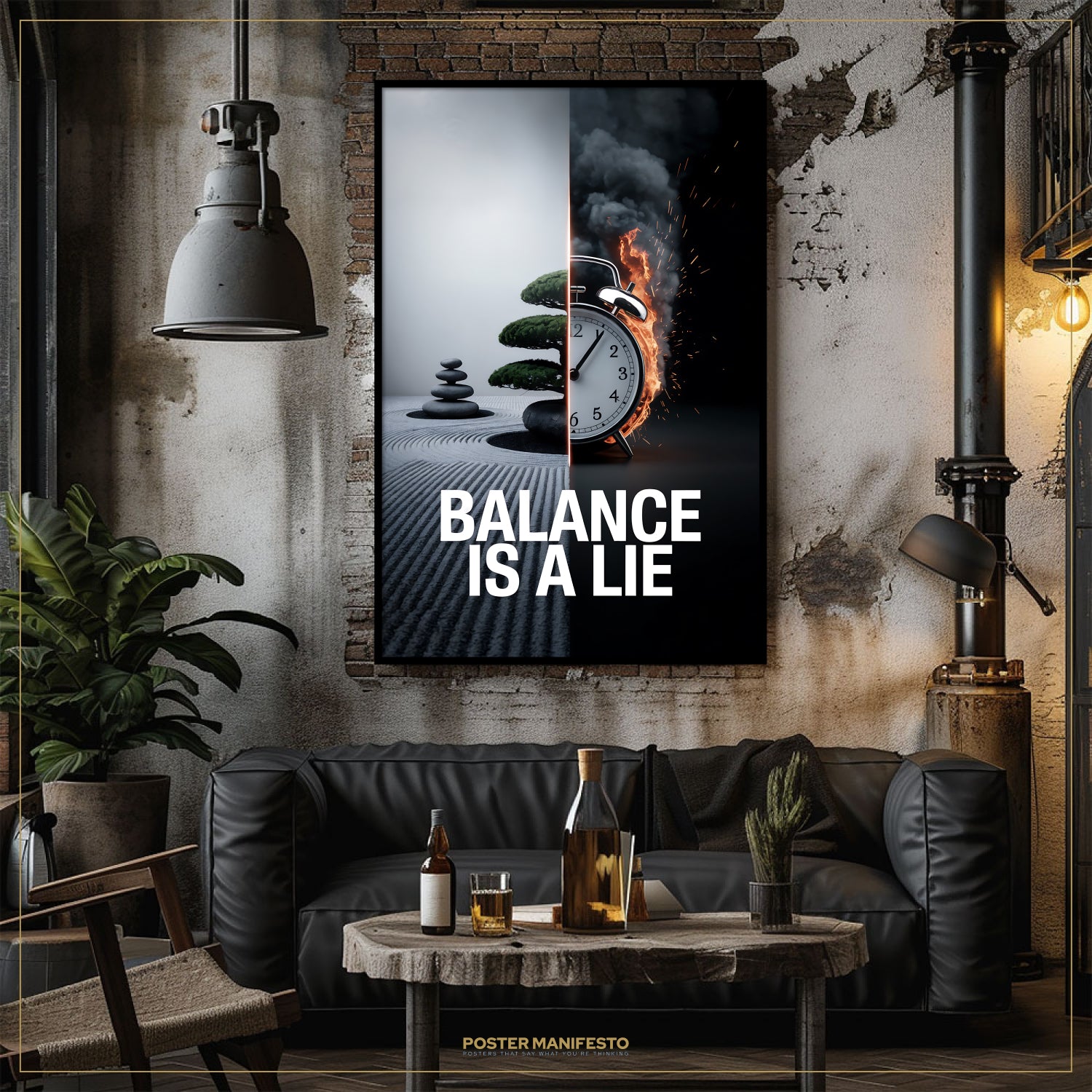Living room with a 'Balance is a Lie' poster on the wall, a black sofa, and a small table with drinks.