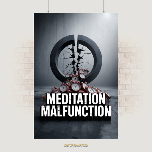 Poster with a cracked clock and alarm clocks titled 'Meditation Malfunction' on a textured wall background.