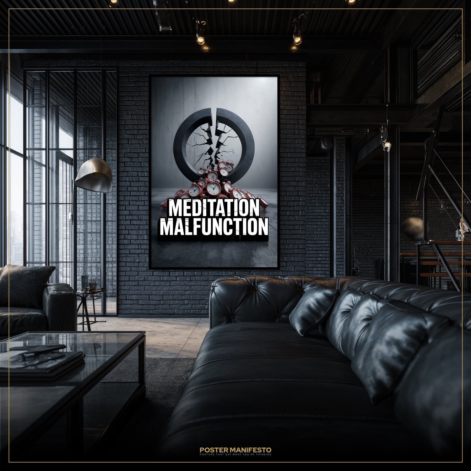 Poster titled 'Meditation Malfunction' in a modern living room with black leather sofa and brick wall.