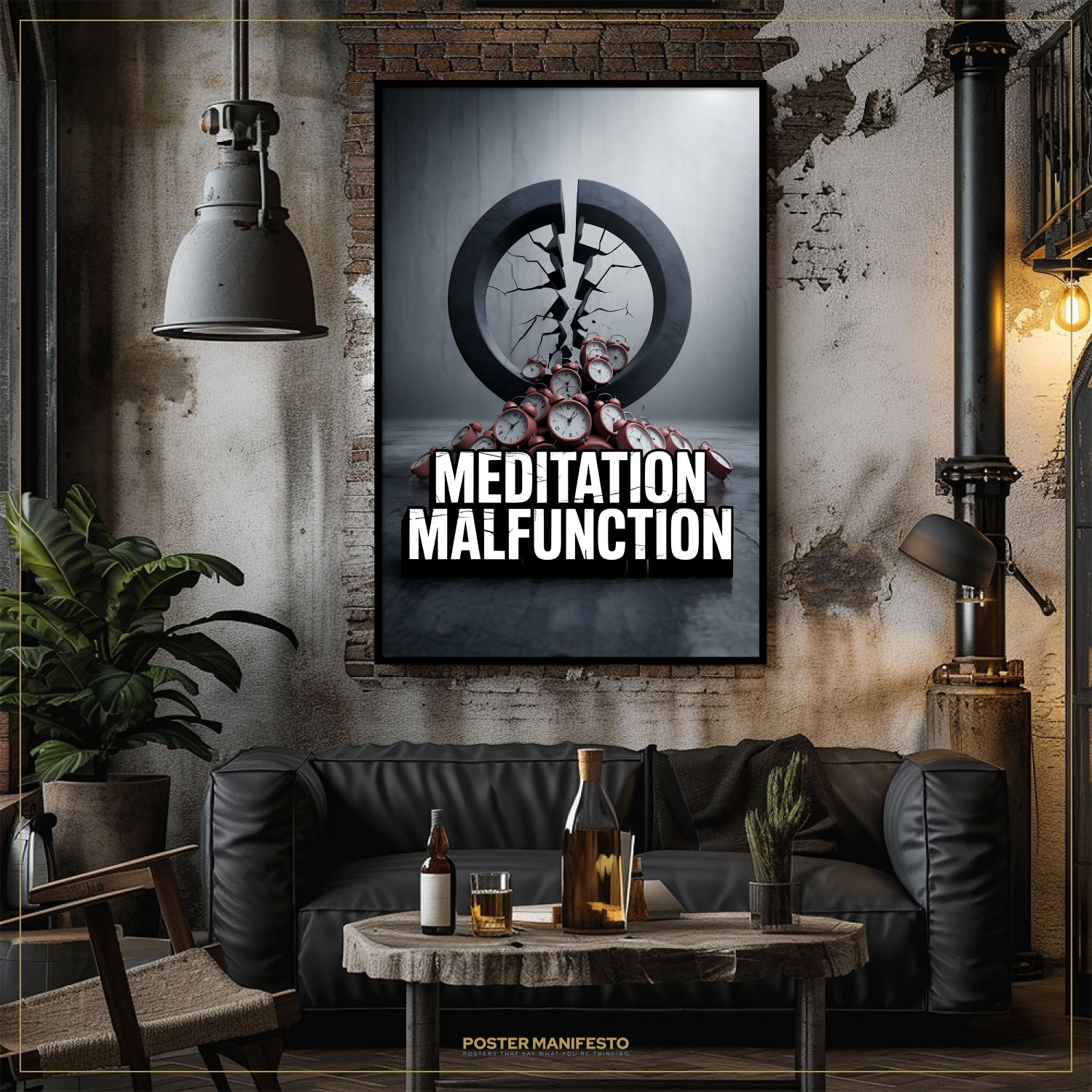 Living room with a 'Meditation Malfunction' poster on the wall, a black sofa, and a small table with drinks.