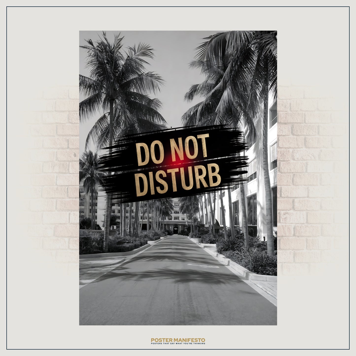Luxury resort driveway poster with paint-stroke gold typography