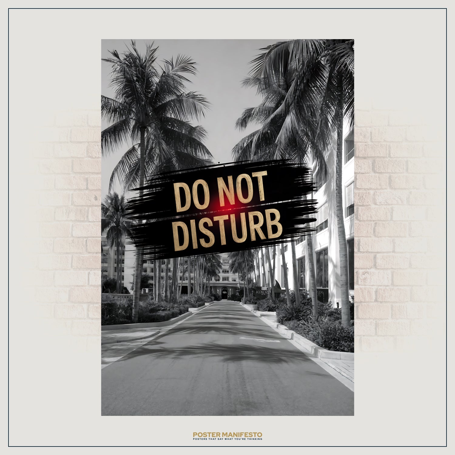 Luxury resort driveway poster with paint-stroke gold typography