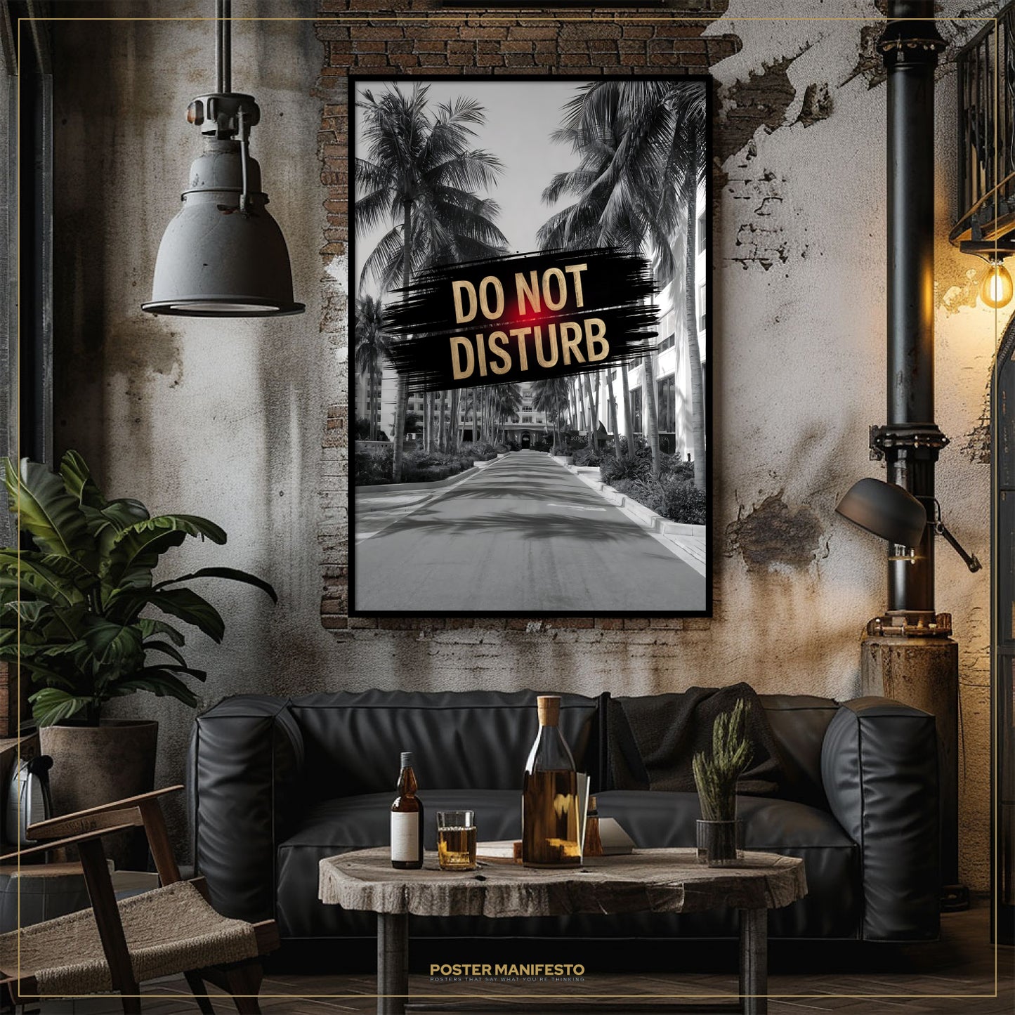 Living room with a 'Do Not Disturb' sign poster above a black leather sofa.