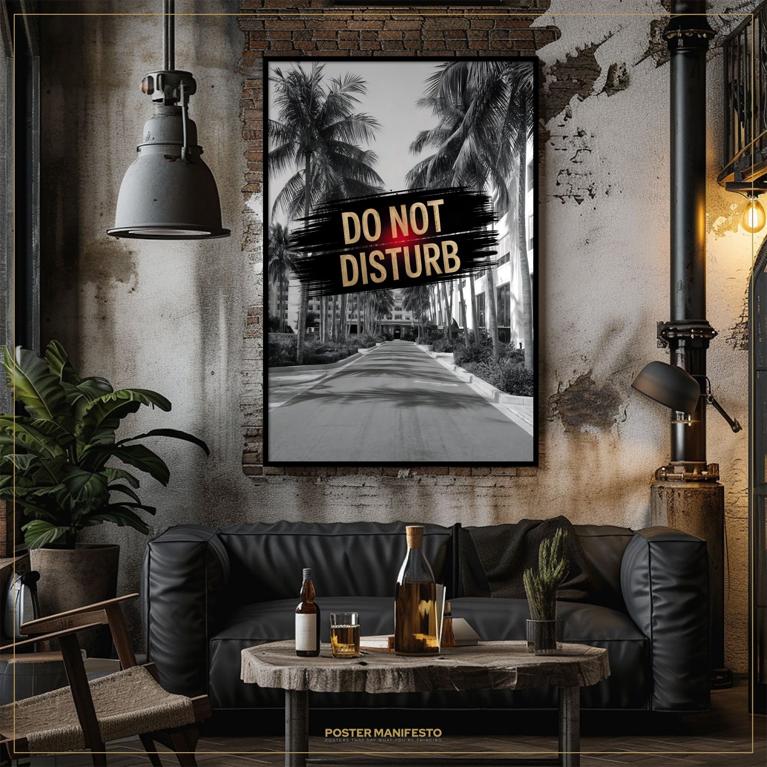 Living room with a 'Do Not Disturb' sign poster above a black leather sofa.