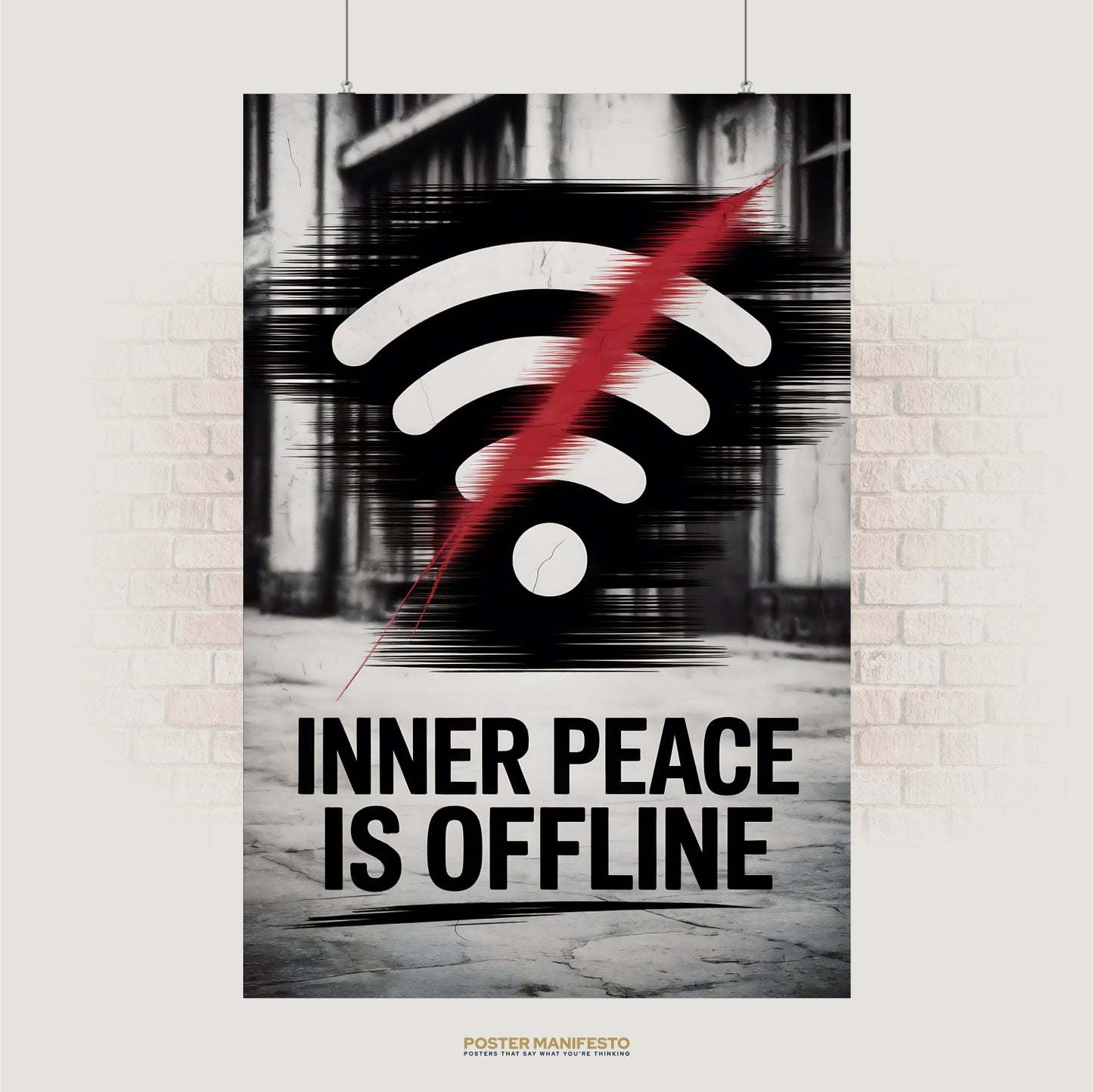 Grunge-style WiFi disconnect poster with red slash and text “Inner Peace Is Offline”