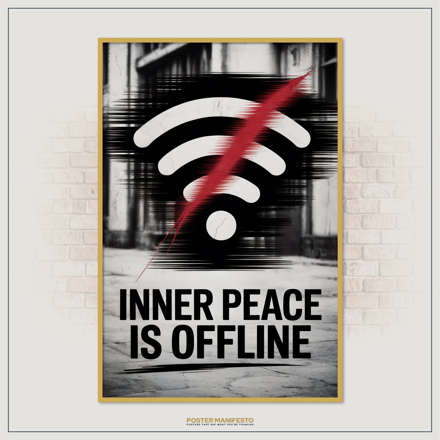 Sarcastic tech humor poster with offline message and gritty background