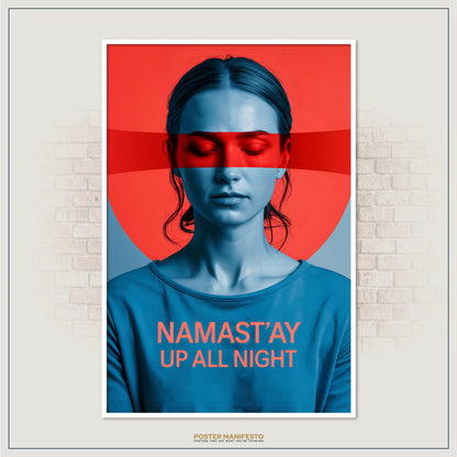 Striking graphic print of woman with eyes closed and humorous text