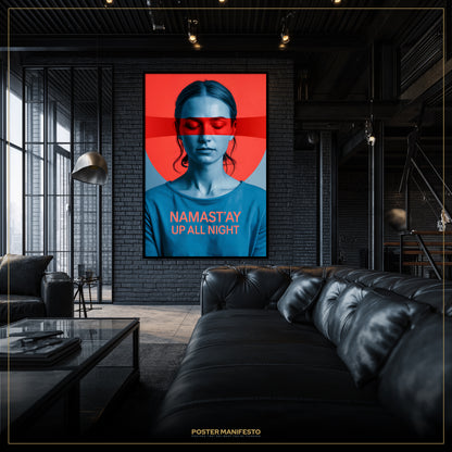 Modern living room with a large framed poster on the wall.