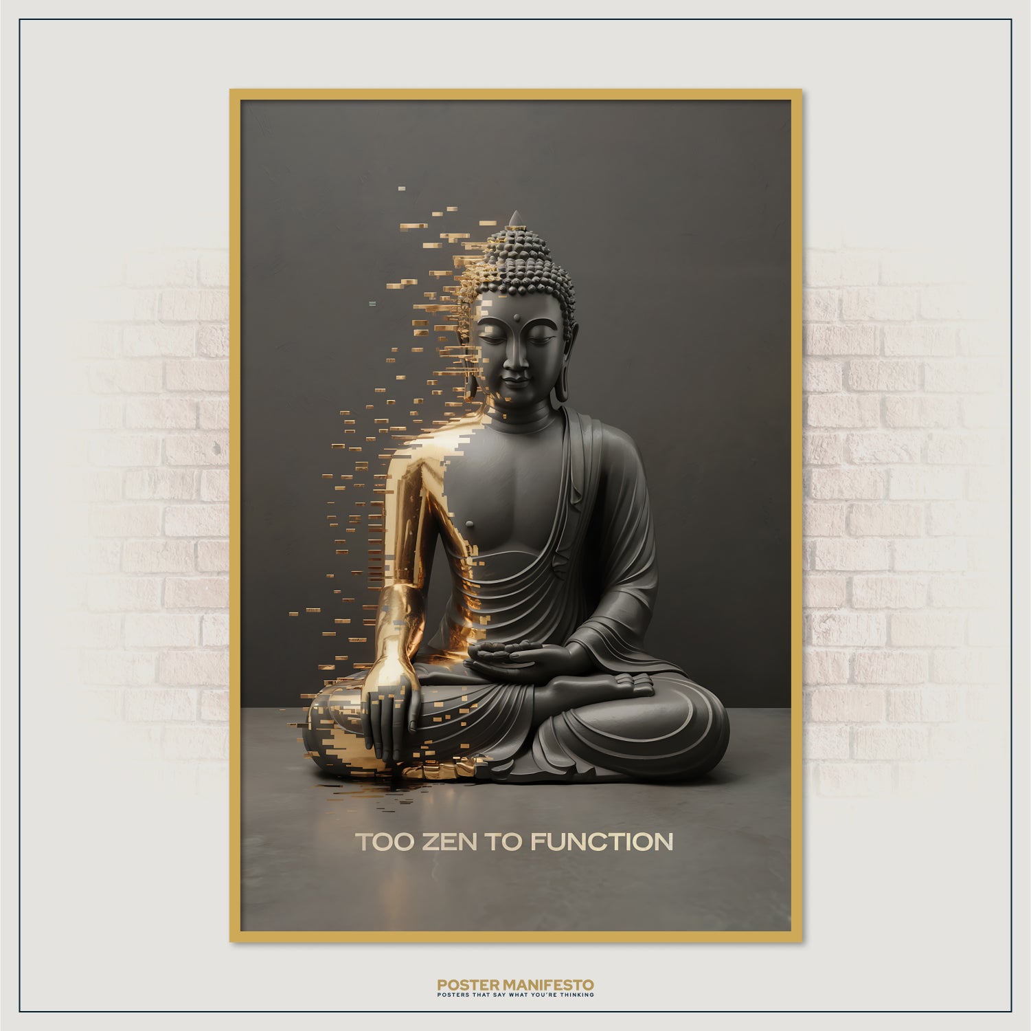 Modern Buddhist poster in black, gold, and grey tones