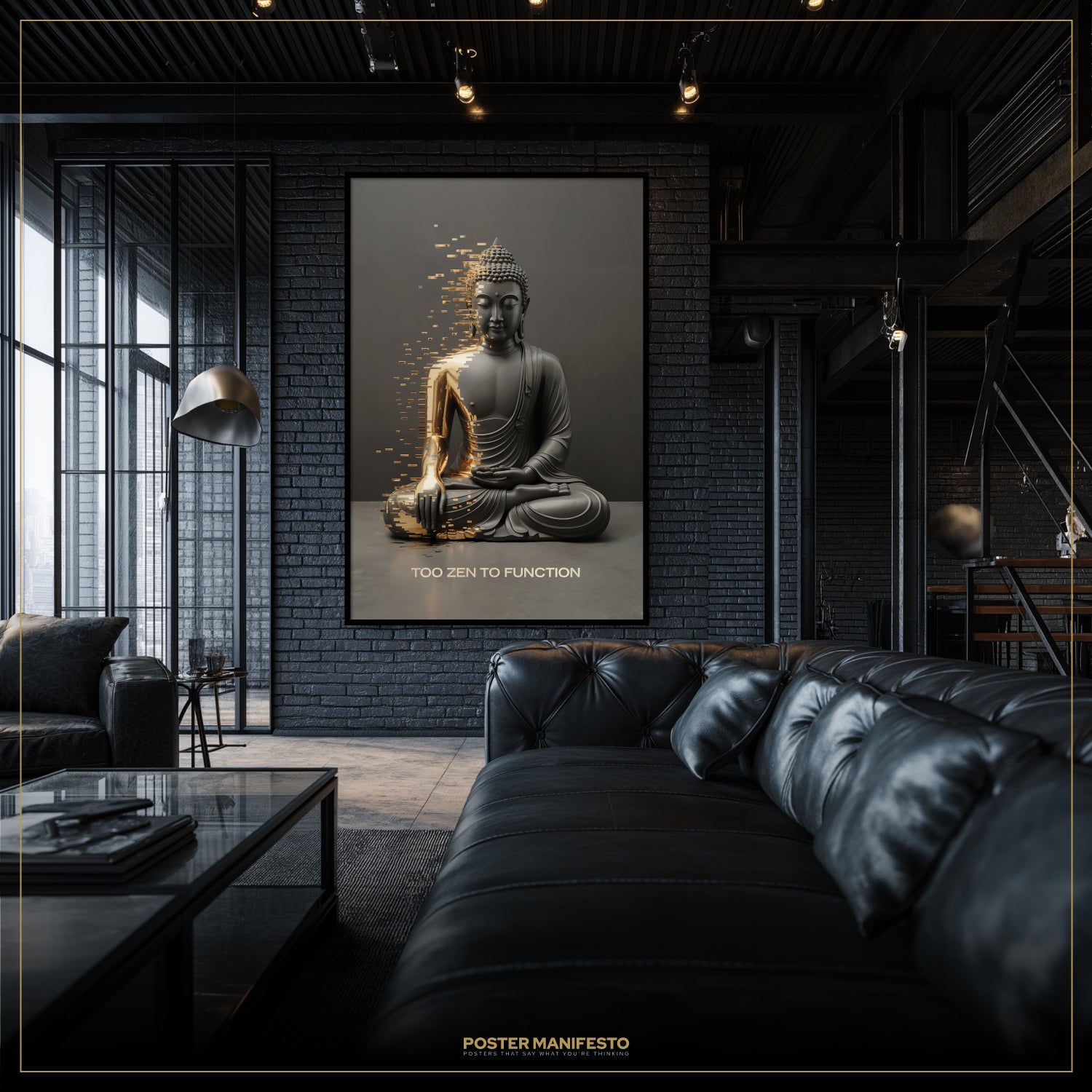 Modern living room with a large Buddha poster on the wall, featuring the brand 'Poster Manifesto'.