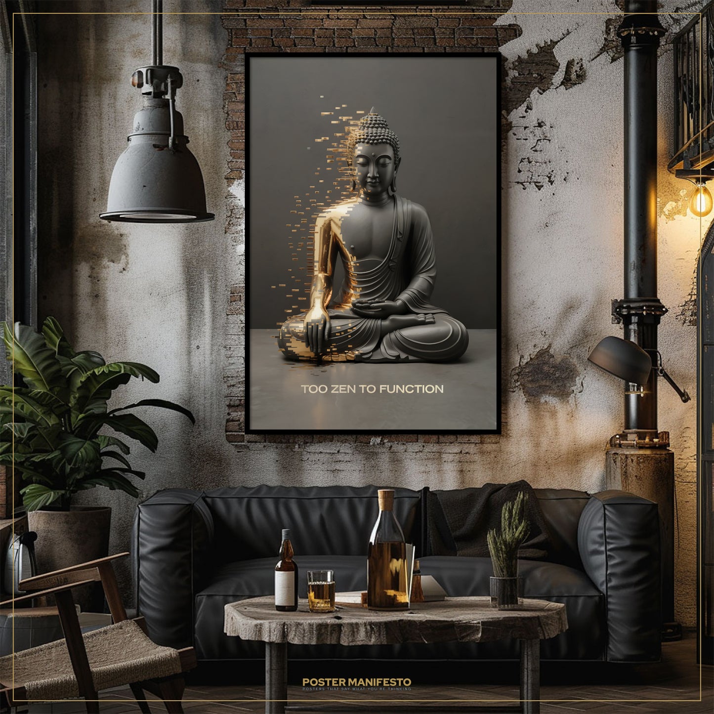 Modern living room with a Buddha poster on the wall, black leather sofa, and a small table with drinks.