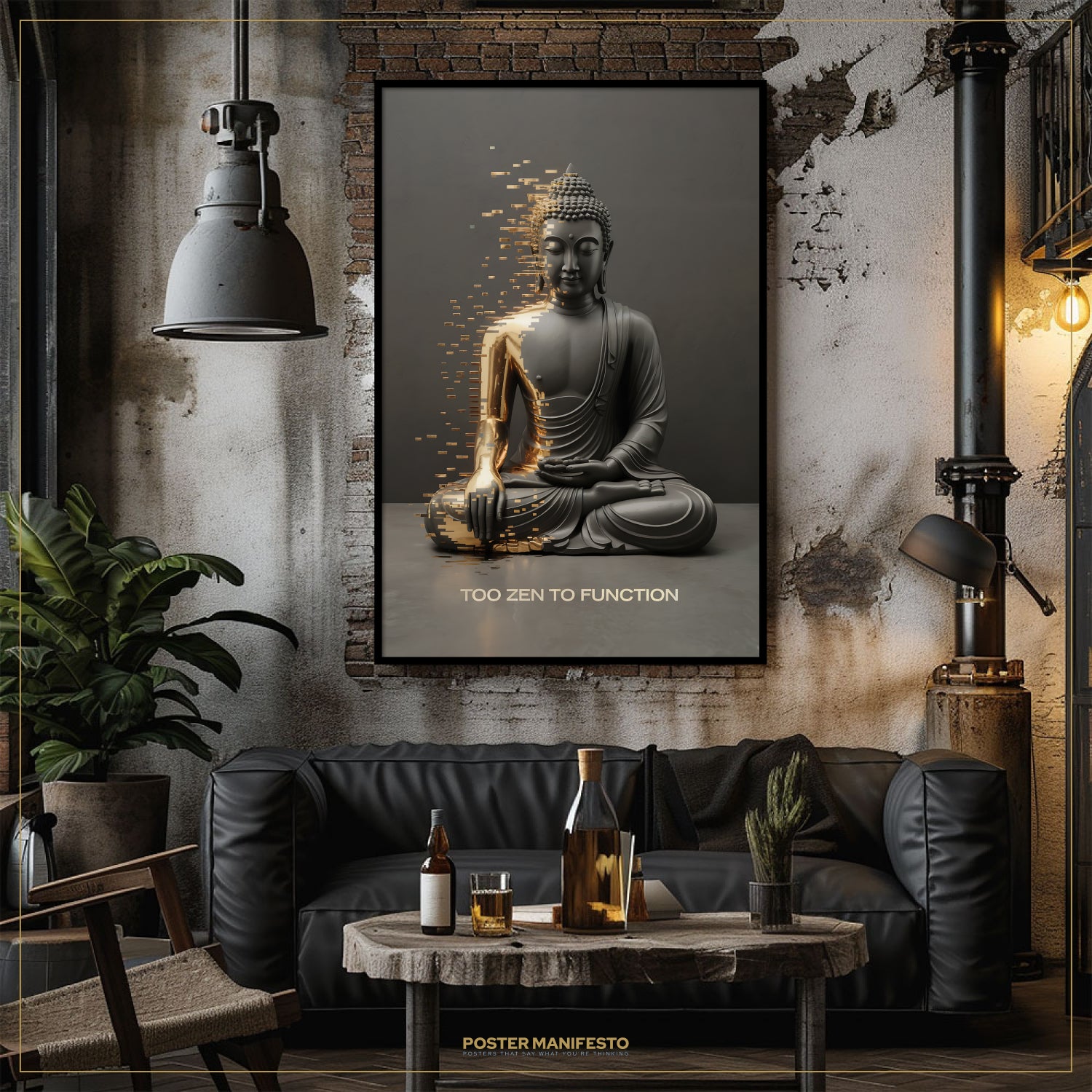 Modern living room with a Buddha poster on the wall, black leather sofa, and a small table with drinks.