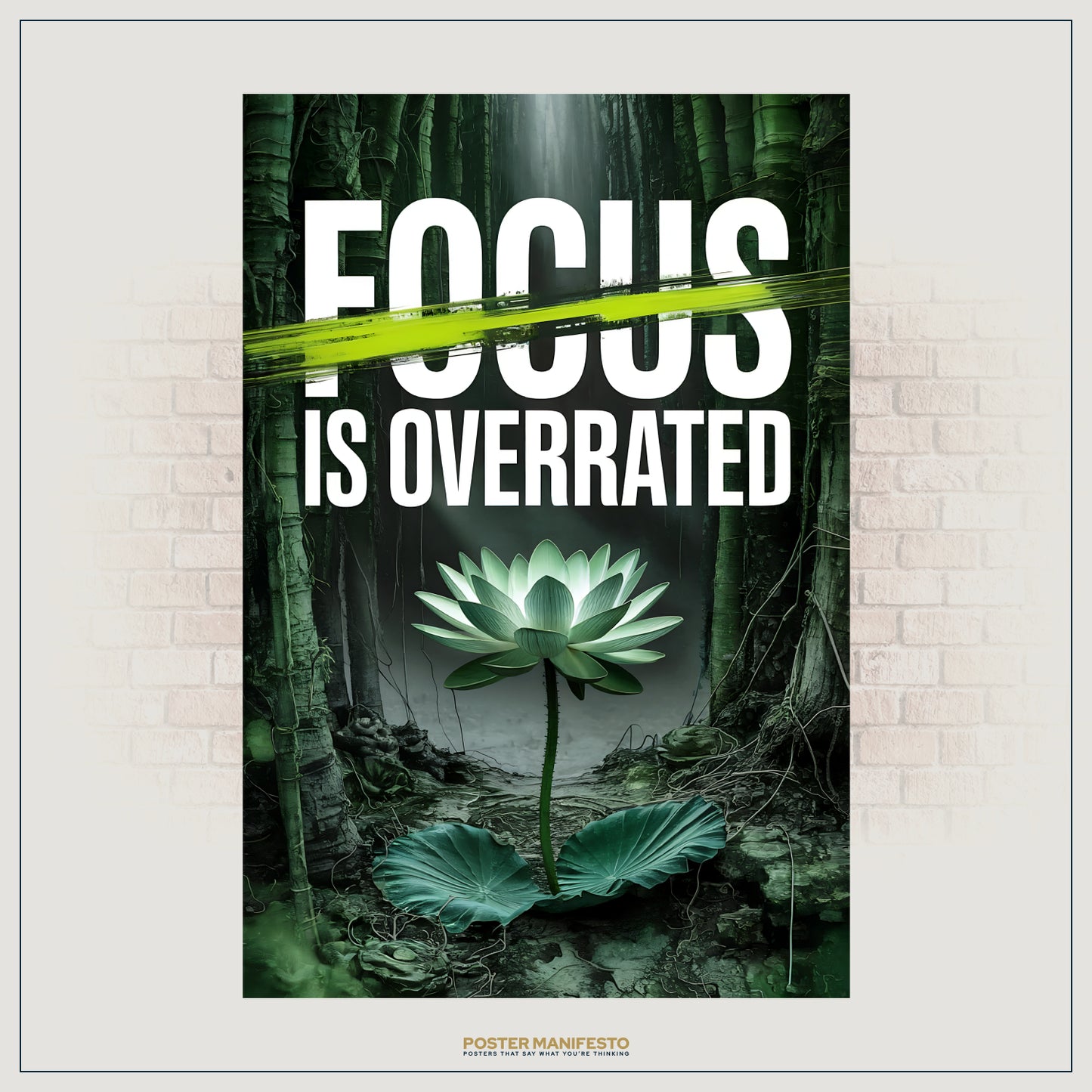 Bold typography wall art with green slash and lotus design