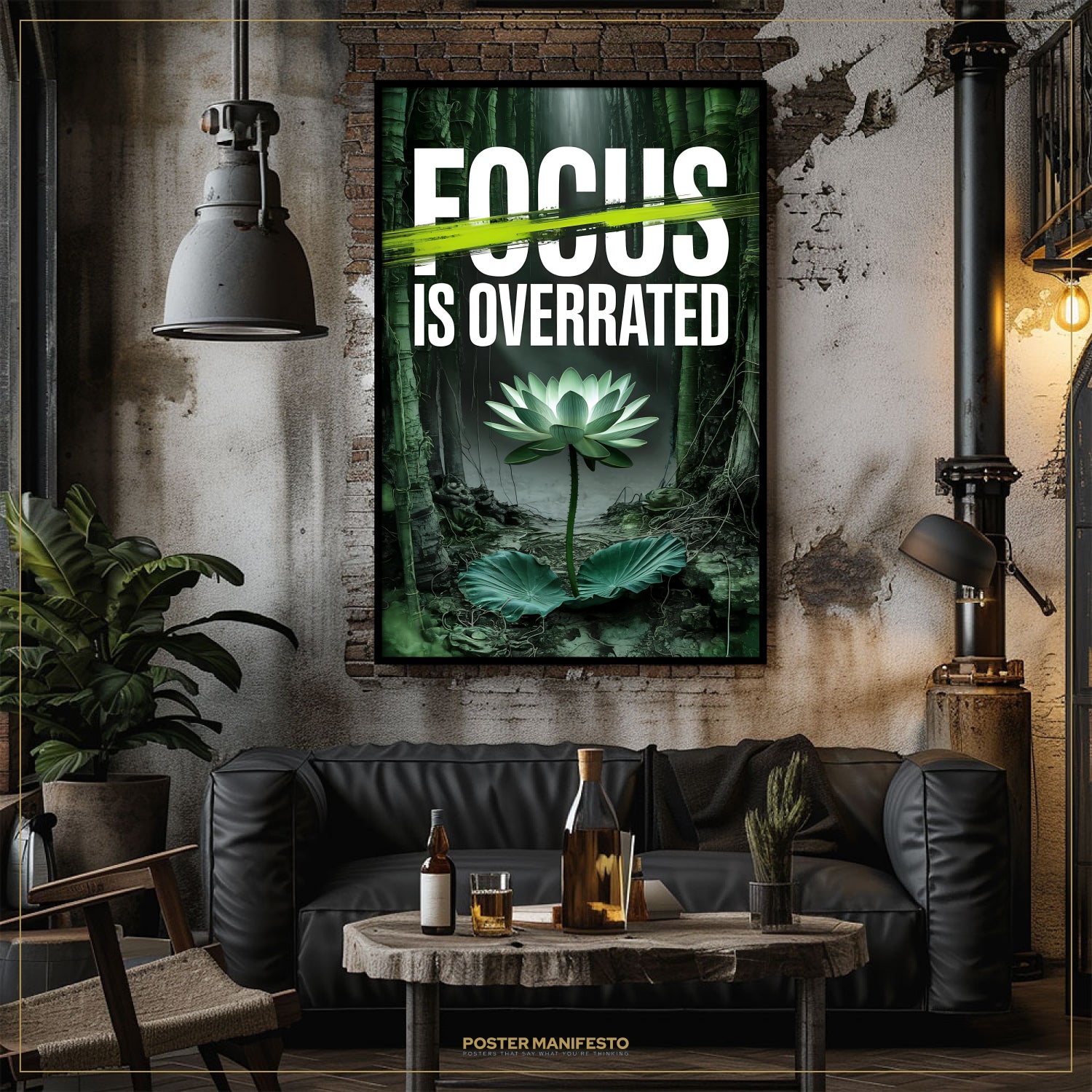 Living room with a 'Focus is Overrated' poster on the wall, a couch, and a coffee table.